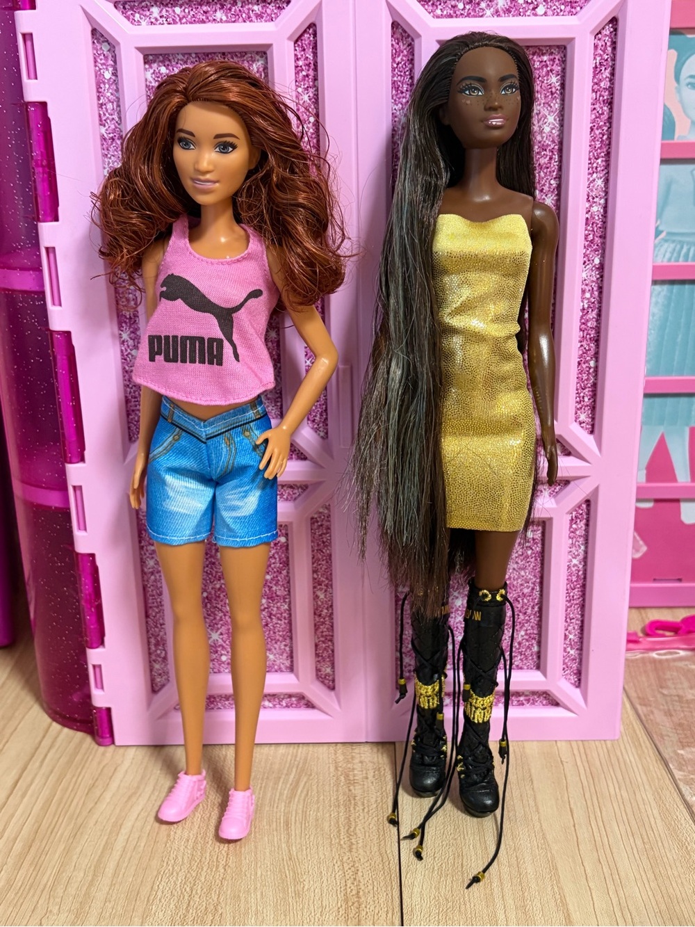 Puma Pink Tank Top & Gold Strapless Dress Doll Duo